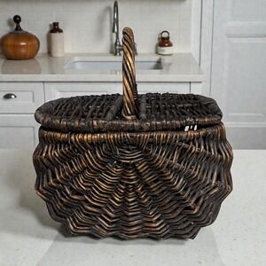 Wicker Lidded Picnic Basket 16" x 12" Brown Butt Rattan Handle Rustic Primitive